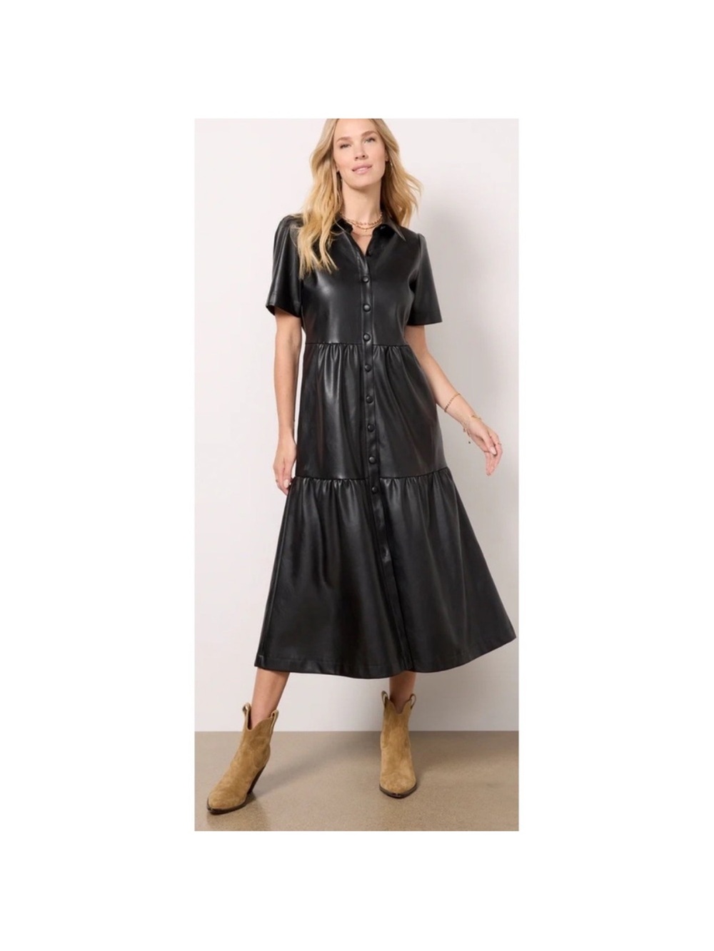 Evereve Elliott Faux Leather Midi Dress Medium Black Tiered Button Down Casual